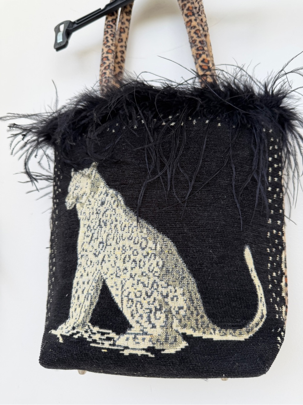 Leopard Cat Tapestry Tote Feather Trim Y2K Glam Whimsigoth Purse Rare